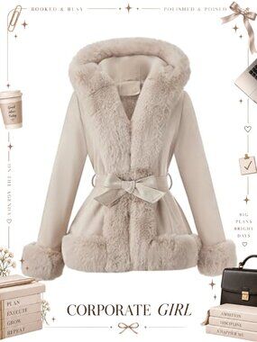 Faux Fur Belted Trench Coat Furry Trim Thicken Parka